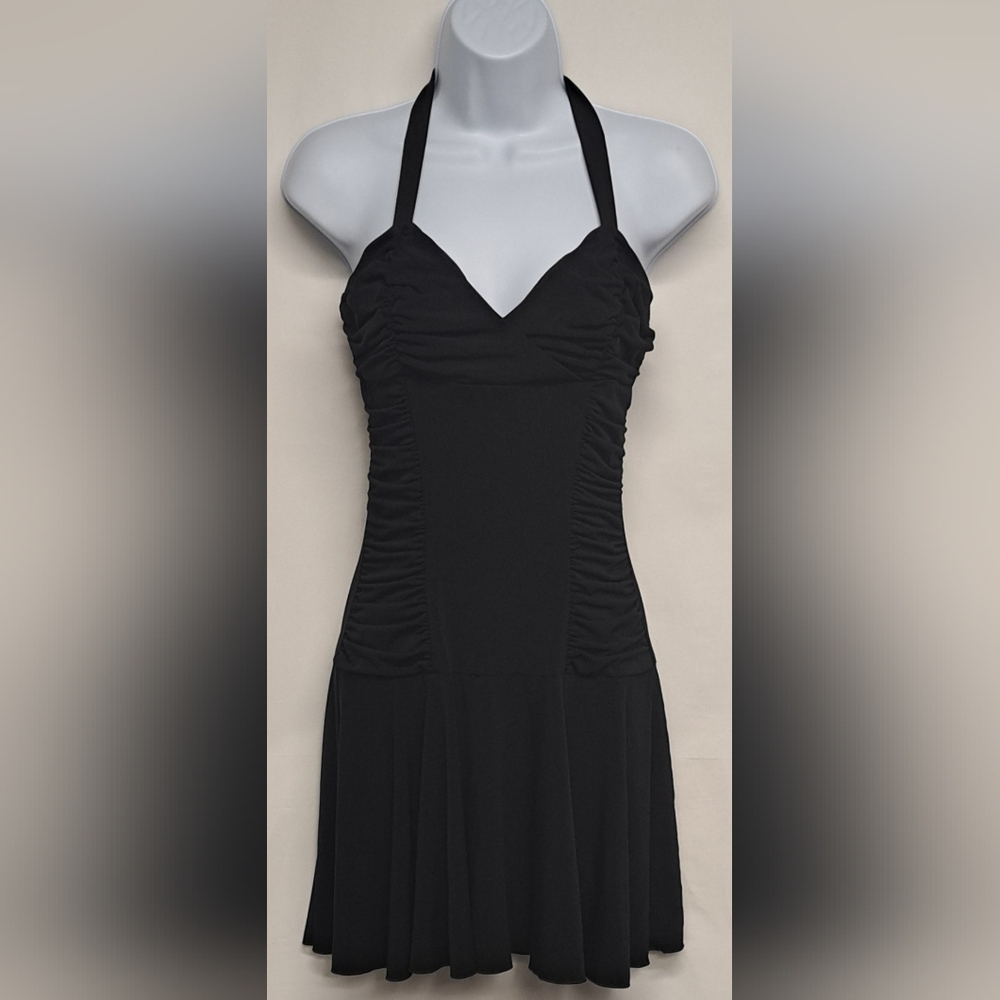 City Triangles S Black Dress Tie Around Neck Ruched Stretch Flowy Bottom